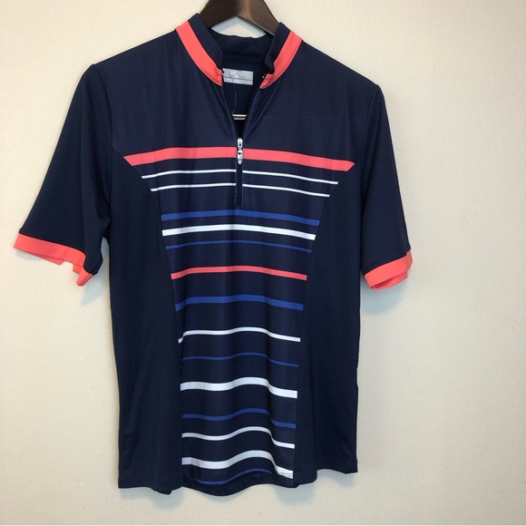 Callaway Women's 1/2 SLV Print Stripe Polo with Contrast Notch Cuffs Size L/G . - Picture 3 of 13